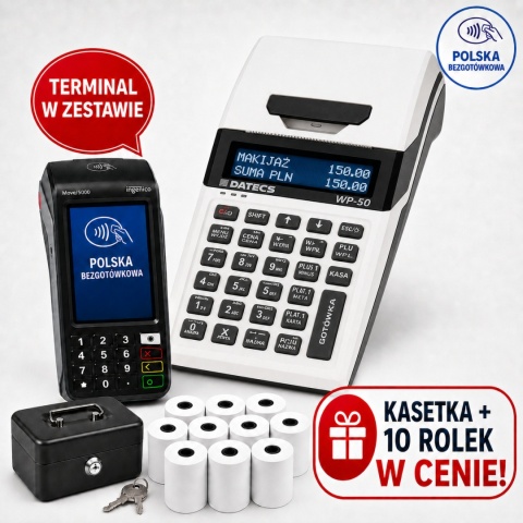 Zestaw Kasa Fiskalna DATECS WP-50 PLUS Online WiFi/GSM + Terminal Płatniczy + Kasetka + 10 Rolek
