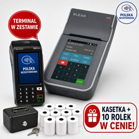 Zestaw Kasa Fiskalna ELZAB K10 Online BT WiFi + Terminal Płatniczy + Kasetka + 10 Rolek