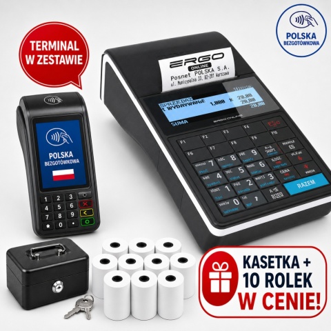 Zestaw Kasa Fiskalna Posnet Ergo Online + Terminal Płatniczy + Kasetka + 10 Rolek