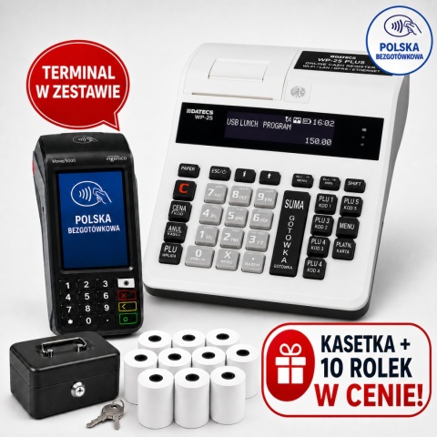 Zestaw Kasa Fiskalna DATECS WP-25 PLUS Online LAN WiFi GSM + Terminal Płatniczy + Kasetka + 10 Rolek